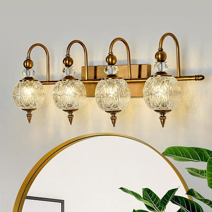 Vintage Bathroom Light Fixtures Gold Vanity Light with Glass Globe LampShade 4 Lights Brushed Brass G9 Bulb Wall Sconce Antique Indoor Vanity Light Over Mirror for Kitchen Bedroom Living Room