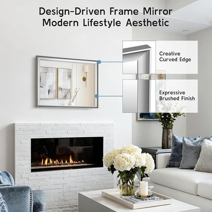 2 Pack Brushed Nickel Bathroom Mirrors 22x30 Inch | Silver Rectangle Vanity Mirror for Bedroom, Entryway, Living Room Decor, Aluminum Framed, Curved Wide Edge, Anti-Rust