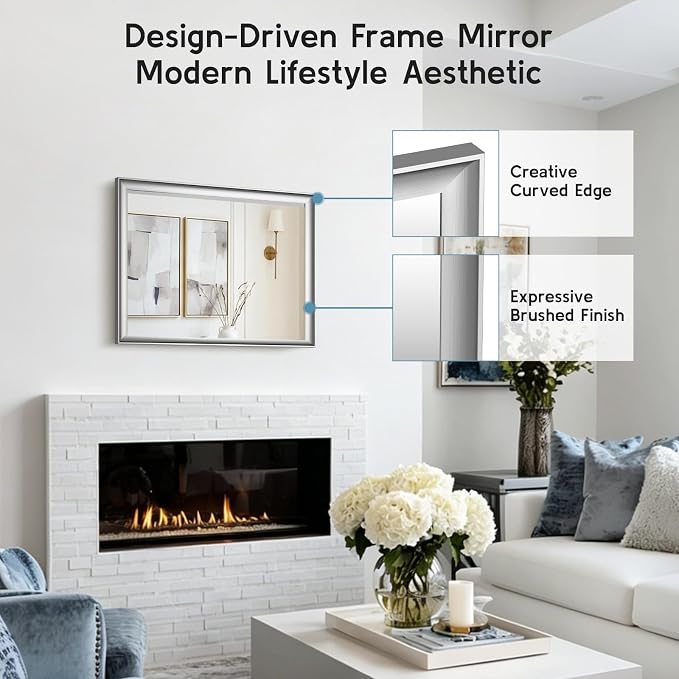 Brushed Nickel Bathroom Mirrors for Over Sink 22x30 Inch | Silver Rectangle Vanity Mirror, Wall Decor for Bedroom, Entryway, Living Room, Aluminum Framed, Curved Wide Edge, Anti-Rust