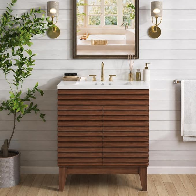 30 Inch Bathroom Vanity with Sink, Walnut Fluted Freestanding Bathroom Vanity Cabinet with Ceramic Sink Top, Solid Wood Legs, Soft Close Double Doors and Modern Storage Cabinet