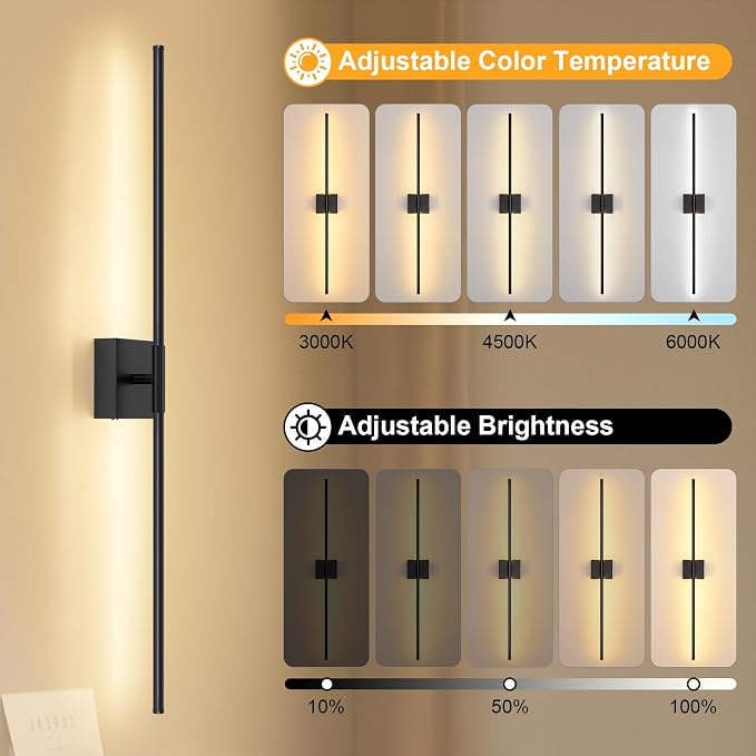 Wall Sconces Set of Two with Remote Control, 39.4 in Dimmable Black Battery Operated Wall Lights, 350° Ratation 3000K-6000K LED Wireless Rechargeable Sconce for Bathroom, Living Room, Bedroom