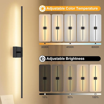 Wall Sconces Set of Two with Remote Control, 39.4 in Dimmable Black Battery Operated Wall Lights, 350° Ratation 3000K-6000K LED Wireless Rechargeable Sconce for Bathroom, Living Room, Bedroom