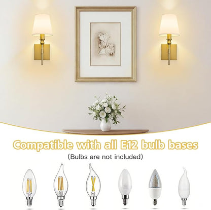 Hardwired Gold Wall Sconces Set of Two, Rustic Bathroom Vanity Lights with White Fabric Shades, Vintage Light Fixtures Convertible Height Wall Light for Living Room Bedroom,Farmhouse,E12 Base