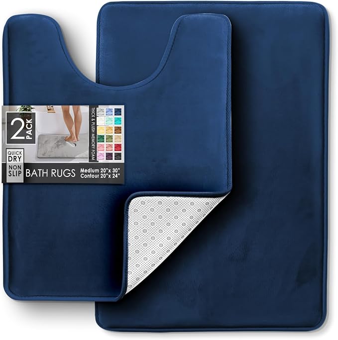 Clara Clark 2 Piece Bathroom Rugs, Velvet Memory Foam Bath Mat Set, Non-Slip Bath Rugs, Machine Wash, Dries Quickly, Ultra Soft Plush Bath Mats for Bathroom, 20 x 32 + Contour, Blue