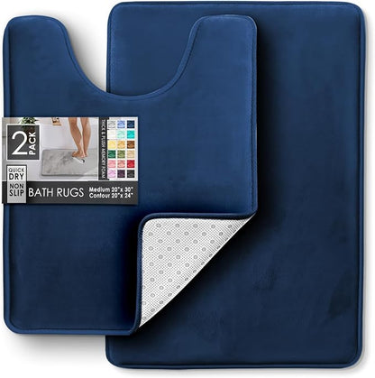 Clara Clark 2 Piece Bathroom Rugs, Velvet Memory Foam Bath Mat Set, Non-Slip Bath Rugs, Machine Wash, Dries Quickly, Ultra Soft Plush Bath Mats for Bathroom, 20 x 32 + Contour, Blue