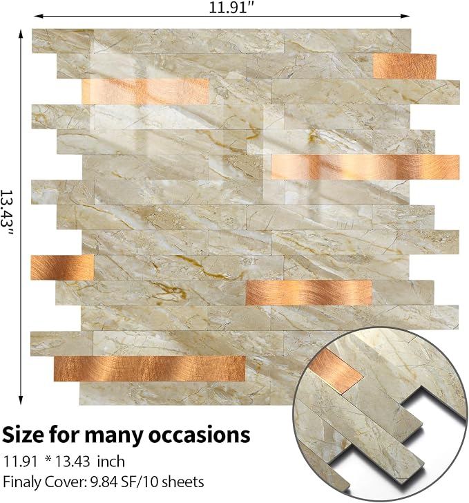 Yipscazo 20 Sheets Peel and Stick Stone Metal Tile Backsplash, Stick on Tiles for Backsplash Kitchen, Bathroom, Laundry Room, Camper, Fireplace (12'' X 12'', Polished Beige)