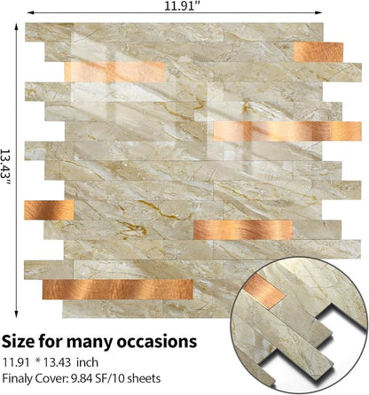 Yipscazo 10 Sheets Peel and Stick Stone Metal Tile Backsplash, Stick on Tiles for Backsplash Kitchen, Bathroom, Laundry Room, Camper, Fireplace (12'' X 12'', Polished Beige)