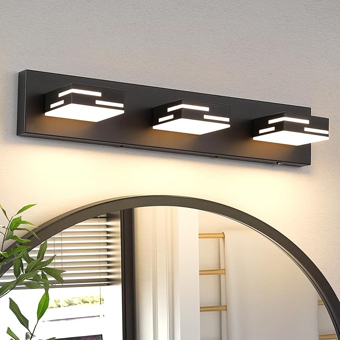 3-Light 5CCT Modern Bathroom Vanity Light Fixtures, 24-Inch 350° Rotatable LED Vanity Lights Over Mirror, Dimmable Matte Black Wall Sconce with Frosted Acrylic Shade