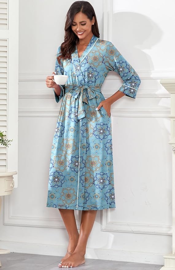 PrinStory Robes for Women 3/4 Sleeve Long Bath Robe XS-4XL | V-Neck Knit Bathrobe with Pockets, Lightweight, Soft, Breathable Robes for Shower, Spa, Travel, Home, Party, Nursing