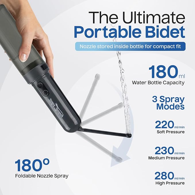 BIDET BUDDY® GoFlow Portable Bidet for Travel - 180mL Bottle Obsidian Drift | Two Power Modes, 180 Degree Nozzle Wand, IPX6 Waterproof, USB - C Charging, 800mAh Rechargeable Battery, Medium Pressure