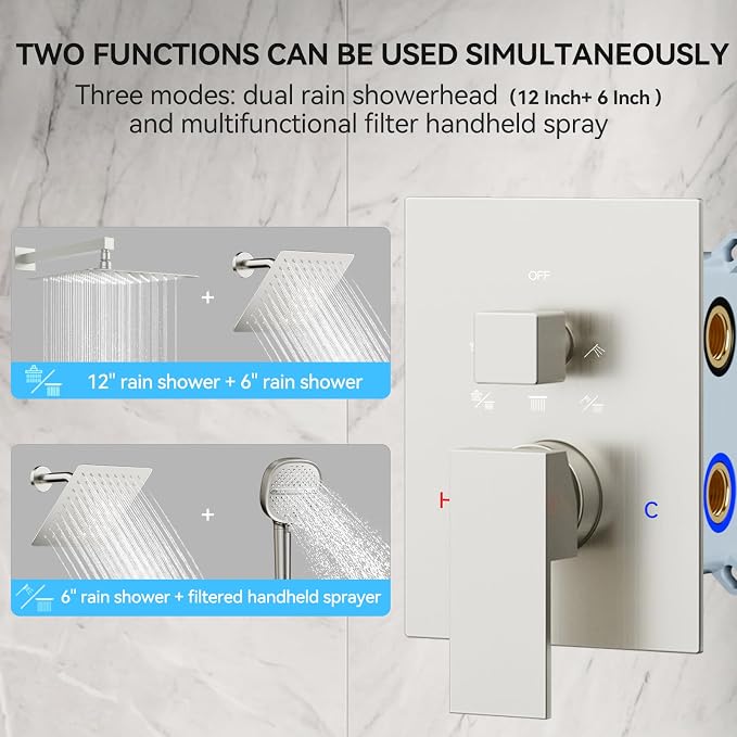 Shower System Brushed Nickel Shower Faucet Set, Dual Head Shower Set STARBATH 12'' +6'' Wall Mount Rainfall Shower Systems with Multifunctional Filtered Handheld Sprayer for Two Person