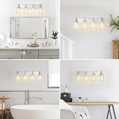 4-Light Brushed Nickel Bathroom Light Fixture Over Mirror Modern Bathroom Vanity Light Vintage Wall Lighting with Clear Glass Shade for Bathroom, Bedroom, Hallway, Cabinet