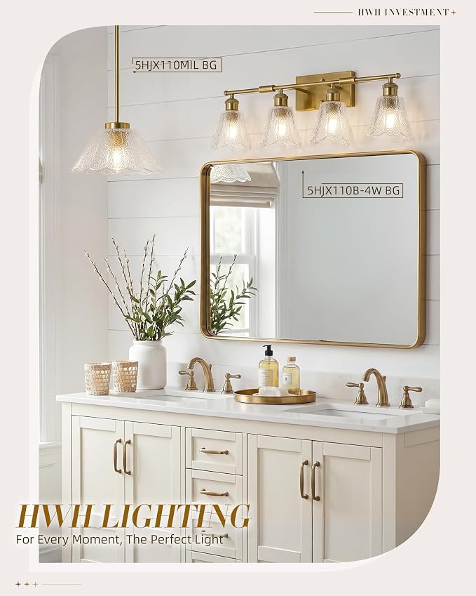 HWH 4-Light Bathroom Light Fixture, Clear Floral Glass, 5HJX110B-4W BG | Brushed Gold Finish, Modern, 27 Inch Vanity Lights Over Mirror, Sconce Wall Lighting for Bedroom, E26 Base For Common Bulbs