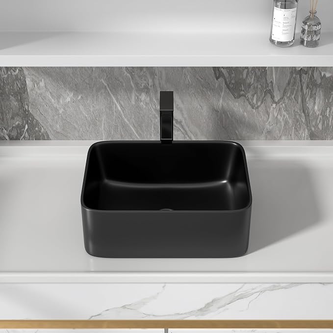 16"x12" Black Bathroom Vessel Sink Rectangular - Matte Black Porcelain Ceramic Rectangle Above Counter Vanity Lavatory Bath Sink Art Basin