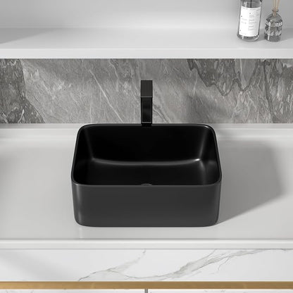 16"x12" Black Bathroom Vessel Sink Rectangular - Matte Black Porcelain Ceramic Rectangle Above Counter Vanity Lavatory Bath Sink Art Basin