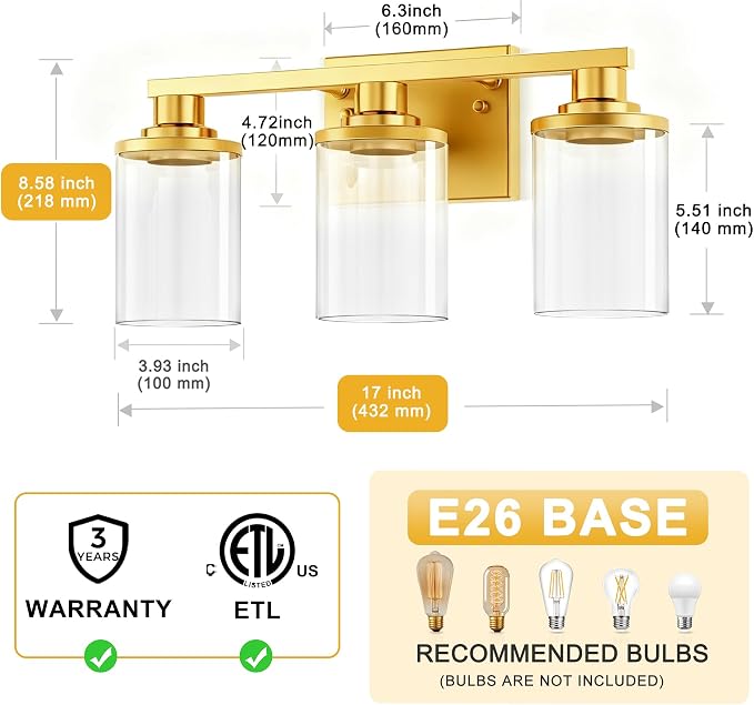L LOHAS LED 3-Light Bathroom Vanity Light, Gold | Modern Gold Bathroom Light Fixture for Bathrooms, Bedrooms and Hallways