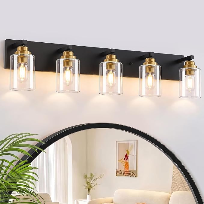 5-Light Black and Gold Bathroom Vanity Light, Clear Glass Shade | 35.4" Wall Mount Over Mirror Lighting Fixtures, Brushed Gold Finish, Durable Metal, Modern Farmhouse Style, for Bathroom