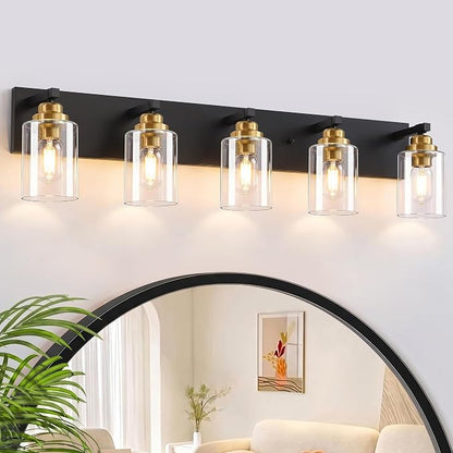 5-Light Black and Gold Bathroom Vanity Light, Clear Glass Shade | 35.4" Wall Mount Over Mirror Lighting Fixtures, Brushed Gold Finish, Durable Metal, Modern Farmhouse Style, for Bathroom
