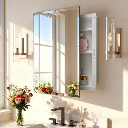 17x27 Plastic Medicine Cabinet with Mirror, Recessed or Surface Mount | 3 adjustable shelves, beveled mirror, soft-close reversible door, 95% assembled; cutout 13.86"W x 24.15"H x 3"D