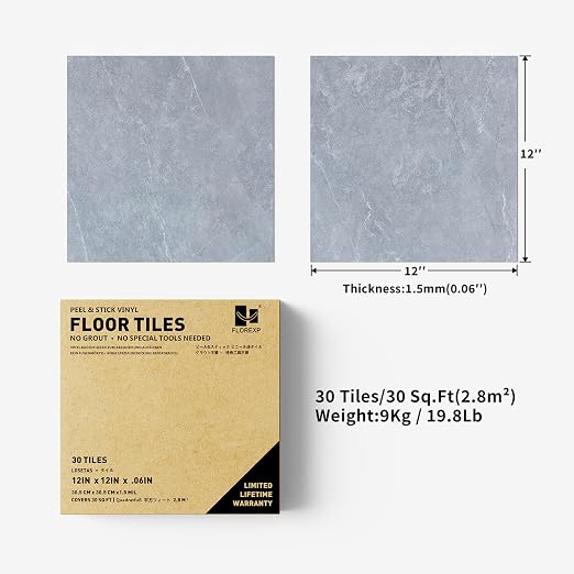 Vinyl Floor Tiles | Grey Stone | 30 Sq.Ft | Peel n Stick | Matte finish / Surface Coated / Diy Installation / Indoor Areas / Waterproof / 2.8m2