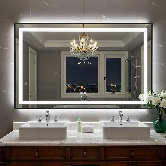 55X36 Inch LED Bathroom Mirror with Lights, Black Frame Frontlit+ Backlit Bathroom Vanity Mirror for Wall, Ultra-Clear Tempered Glass, Shatter-Proof, Anti-Fog and Memory Function, ETL Listed
