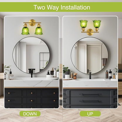 Vintage Bathroom Light Fixtures，2-Light Hardwired Vanity Lights Over Mirror, Brass Wall Sconces with Green Tulip Glass Shade for Bathroom Stairway Bedroom Living Room(Bulbs Not Included,E26 Socket)