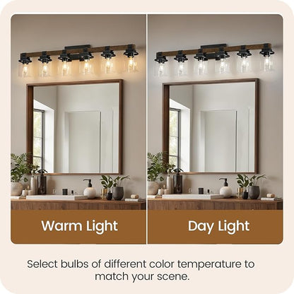 6-Light Bathroom Light Fixtures, Farmhouse Vanity Lights for Bathroom with Glass Square Shade, Rustic Vanity Lights, Sconce Wall Light, E26 Base (Bulbs Not Included), ETL Listed FS12BD05