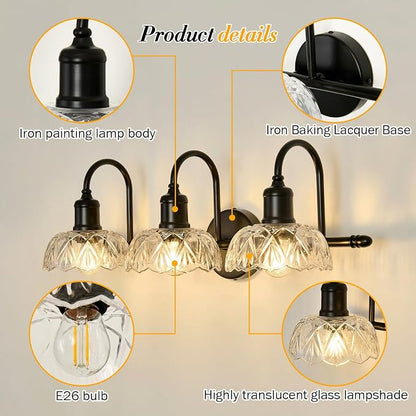 UOFUS 3-Light Black Vanity Light Farmhouse Bathroom Lighting Fixtures | Over Mirror with Clear Glass Shade