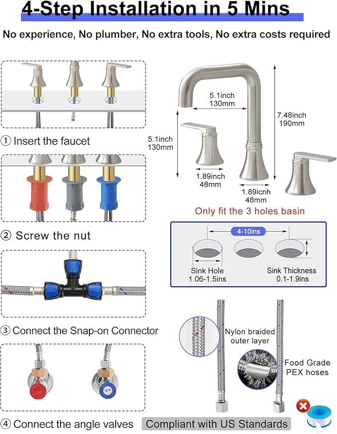 Brushed Nickel 8 Inch Widespread Bathroom Faucet, 360 Degree Swivel Bathroom Sink Faucet 3 Hole, 2 Handles with Pop-Up Drain & Water Hoses for Lavatory Vanity