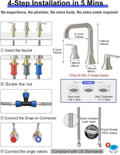 Brushed Nickel 8 Inch Widespread Bathroom Faucet, 360 Degree Swivel Bathroom Sink Faucet 3 Hole, 2 Handles with Pop-Up Drain & Water Hoses for Lavatory Vanity