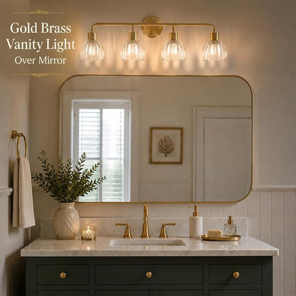 4-Light Gold Brass Bathroom Light Fixture with Clear Tulip Glass Shade,Wall Sconces,Vintage Vanlity Light Over Mirror,Bathroom Wall Light,E26 Socket(Bulbs Not Included) ASIN B0FVG