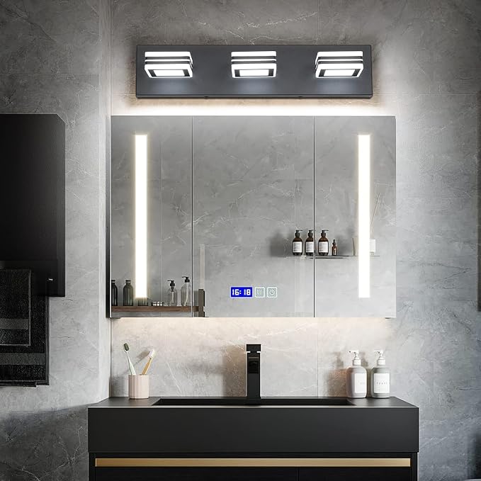 SOLFART LED Bathroom Vanity Light Fixtures： 3 Light Matte Black Modern Acrylic Bathroom Wall Lighting Fixtures Over Mirror Cool White 6000K