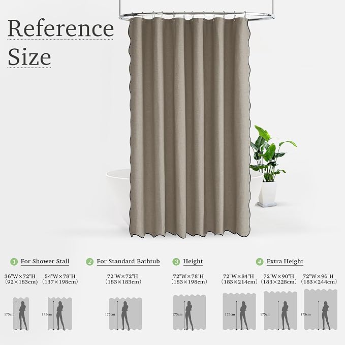 KGORGE Scalloped Shower Curtain with 12 Metal Hooks for Bathroom, Waterproof Privacy Linen Heavy Duty Cute Washable Shower Curtain Set for Bathtub Hotel Decor, Khaki, 72 x 72 inches