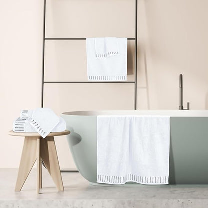 Ultra Soft 6 Pack Cotton Towel Set, Contains 2 Bath Towels 28x55 inch, 2 Hand Towels 16x24 inch & 2 Wash Cloths 12x12 inch, Ideal Everyday use, Compact & Lightweight - White