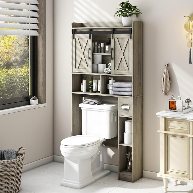 Vabches Over The Toilet Storage Cabinet with Sliding Doors, Grey | Farmhouse Storage Cabinet Over Toilet, Home Space-Saving Toilet Rack, Toilet Paper Holder Stand,for Restroom,Bathroom,Laundry