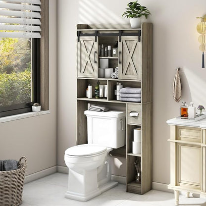 Vabches Over The Toilet Storage Cabinet with Sliding Doors, Grey | Farmhouse Storage Cabinet Over Toilet, Home Space-Saving Toilet Rack, Toilet Paper Holder Stand,for Restroom,Bathroom,Laundry