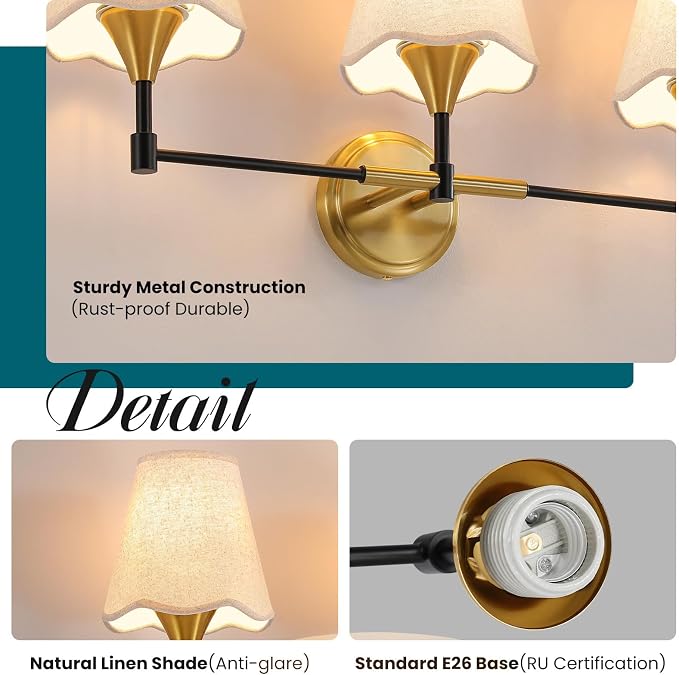 Black Gold Bathroom Light Fixtures: Farmhouse Bathroom Vanity Lights over Mirror with Flared Fabric Shade, Vanity Lighting Fixtures, 2 Light Wall Sconces Lighting for Bedroom Hallway Living Room