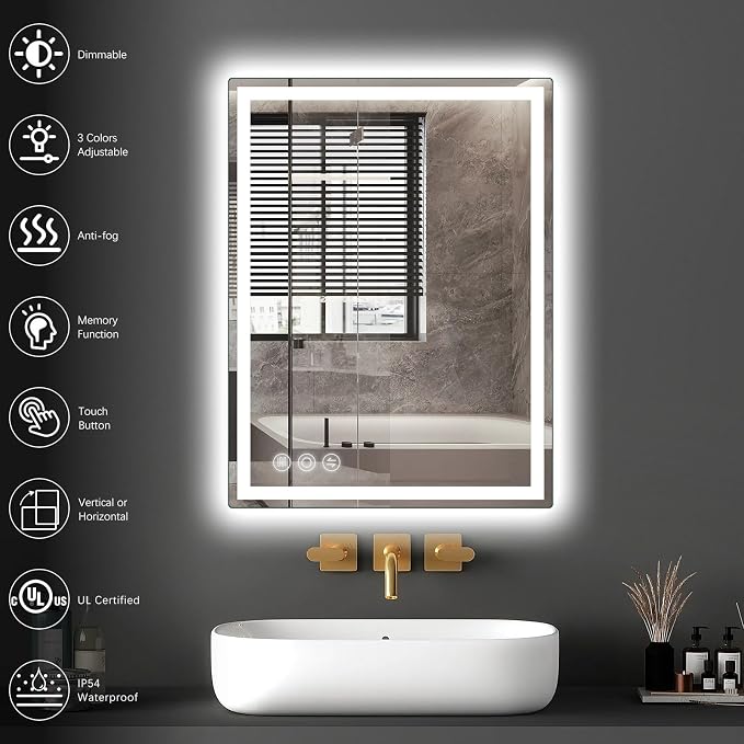 20" x28" LED Bathroom Mirror with Lights, Memory Vanity Mirror | Anti-Fog, 3 Color Modes, Dimmable, Front Lit, Memory Function, Tempered Glass, Lighted Bathroom Mirror for Wall