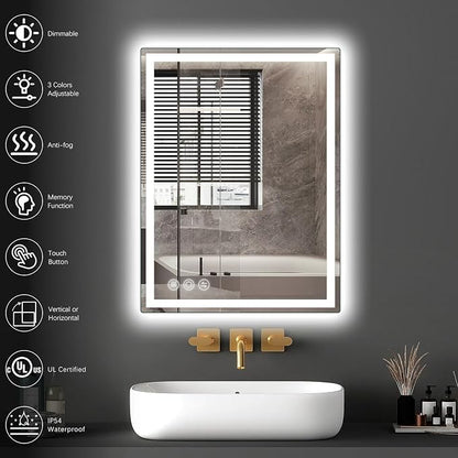 20" x28" LED Bathroom Mirror with Lights, Memory Vanity Mirror | Anti-Fog, 3 Color Modes, Dimmable, Front Lit, Memory Function, Tempered Glass, Lighted Bathroom Mirror for Wall