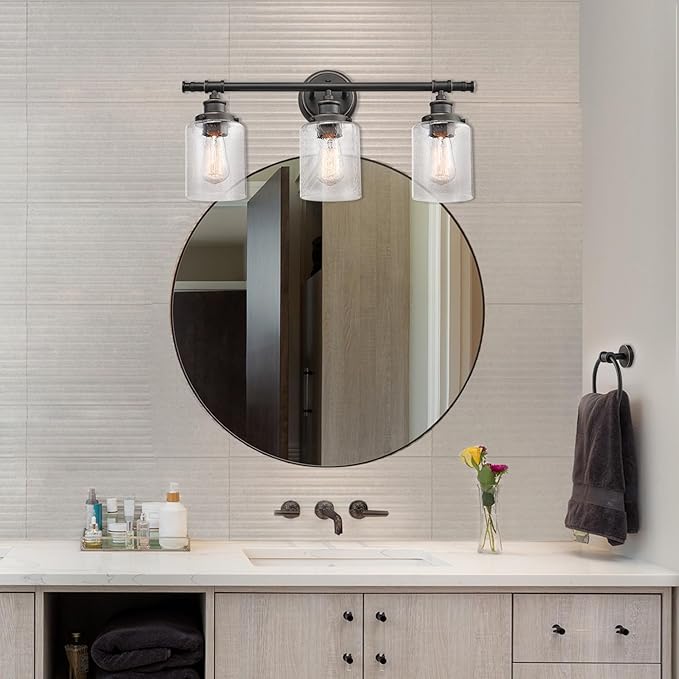 Globe Electric 51415 Camden 5-Piece All-in-One Bathroom Set, 3 Vanity Light with Seeded Glass Shades, Bar, Towel Ring, Robe Hook, Toilet Paper Holder, Bronze