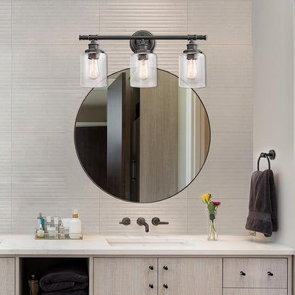 Globe Electric 51415 Camden 5-Piece All-in-One Bathroom Set, 3 Vanity Light with Seeded Glass Shades, Bar, Towel Ring, Robe Hook, Toilet Paper Holder, Bronze