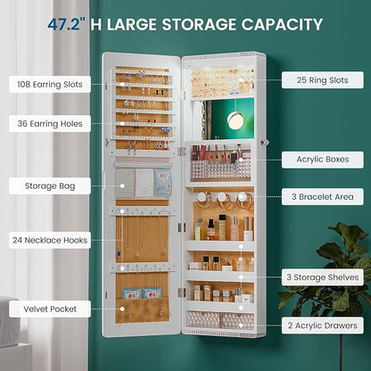 HNEBC Full Length Mirror with Storage, Wall Mounted Jewelry Cabinet with RGB Lights & Remote, Lockable Over Door Jewelry Organizer with Drawer, Foldout Makeup Tray 47.2" Hx14.5 Wx3.9 D, White