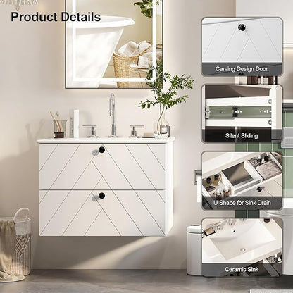 24 inch Bathroom Vanity with Sink, Floating Bathroom Vanity, Wall Mount & 2 Soft-Close Drawers, Modern Floating Vanity with Ceramic Sink, White