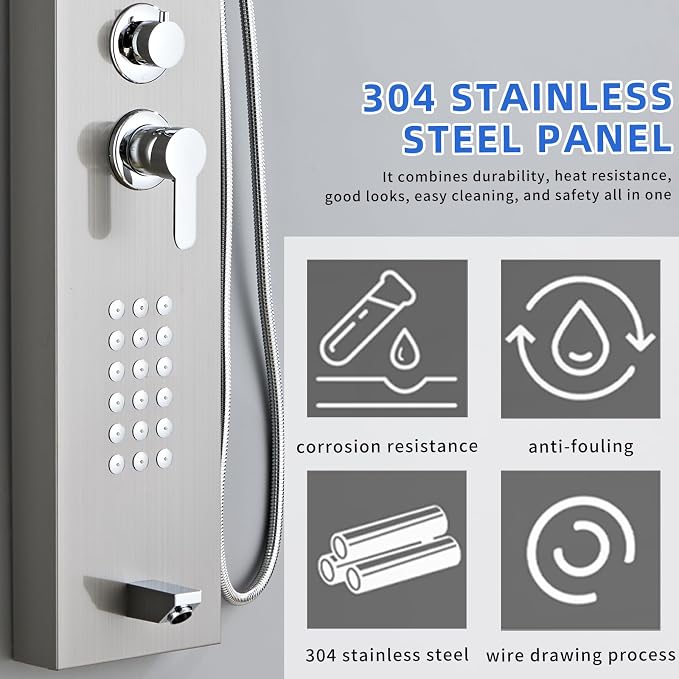 5-in-1 Shower Panel Tower System - Brushed Gray | 304 stainless steel Shower Panel Tower Column with Powerful Body Jets, Rainfall, Waterfall,Handheld and Tub Spout