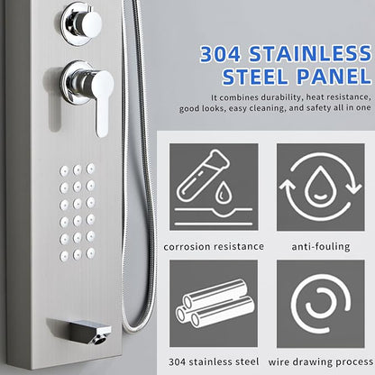 5-in-1 Shower Panel Tower System - Brushed Gray | 304 stainless steel Shower Panel Tower Column with Powerful Body Jets, Rainfall, Waterfall,Handheld and Tub Spout