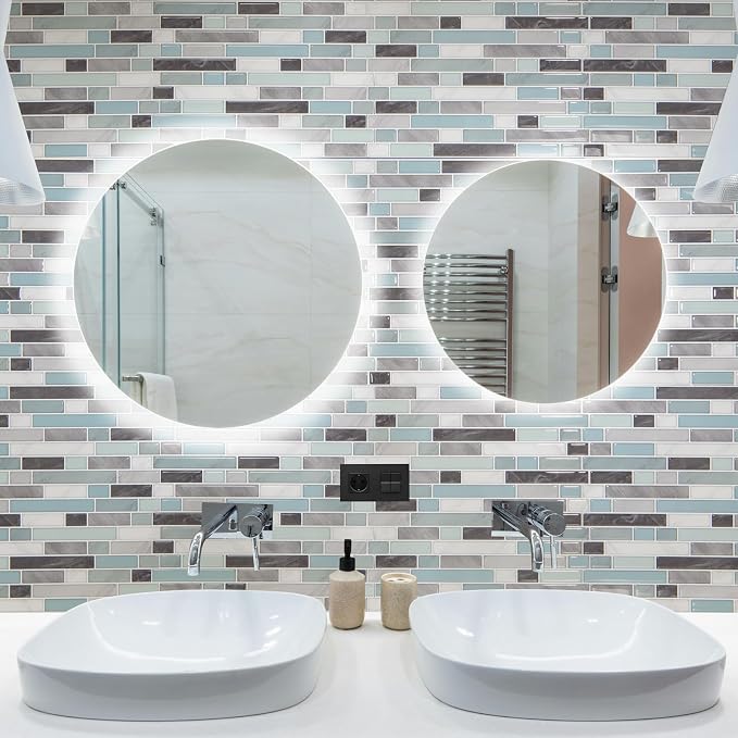 Art3d 10-Sheet Heavy-Duty Peel and Stick Backsplash, Waterproof Wall Tiles Stick on Kitchen Backsplash Living Space, Gray & Blue (Pack of 4)