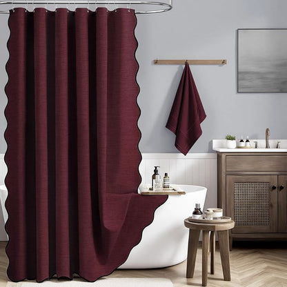 BTTN Boho Scalloped Linen Textured Cloth Shower Curtain, 72x84, Burgundy | Tall Size, 230GSM Waterproof Polyester, Heavy Duty Fabric, 12 Plastic Hooks, Elegant Modern Farmhouse Style, Machine Washable