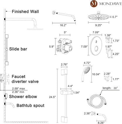 MONDAWE 9 Inch Wall Mounted Shower Faucet Set with Tub Spout in Brushed Gold, Rainfall Shower Head with 3-Setting Handheld Spray Shower Combo, High Pressure Shower System with Solid Brass Valve