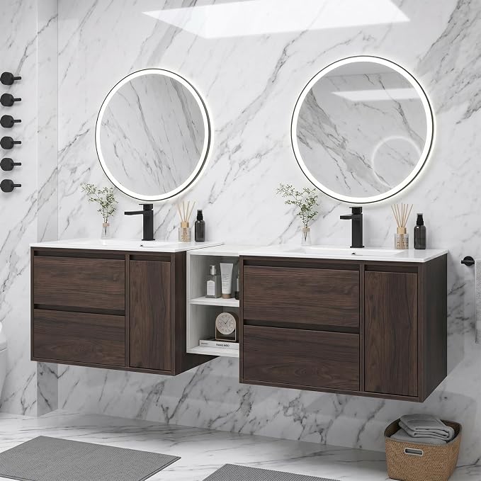 72 Inch Modern Floating Double Sink Bathroom Vanity, Wall-Mounted with Seamless Ceramic Top, Rounded Corners, Full-Extension Soft-Close Drawers & Concealed Drainage, White