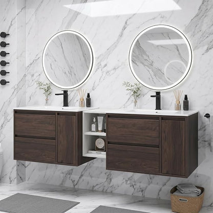 72 Inch Modern Floating Double Sink Bathroom Vanity, Wall-Mounted with Seamless Ceramic Top, Rounded Corners, Full-Extension Soft-Close Drawers & Concealed Drainage, White
